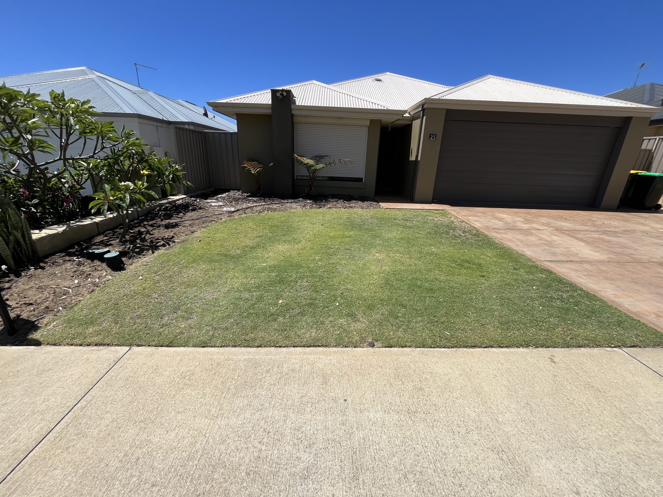 A freshly mowed lawn and weeded garden bed